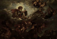 Mars on his Chariot Pulled by Wolves by
Claude II Audran. Ceiling of the Mars Salon.